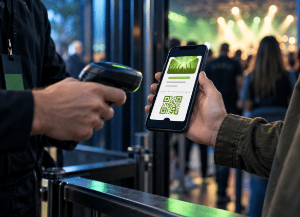 Ilustracja systemu biletowego: elektroniczny bilet na telefonie przy wejściu na koncert / Ticketing illustration: a mobile ticket at a concert entrance
