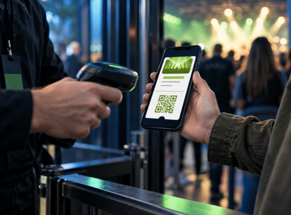 Ilustracja systemu biletowego: elektroniczny bilet na telefonie przy wejściu na koncert / Ticketing illustration: a mobile ticket at a concert entrance